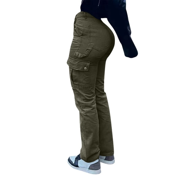 WTOBBY Women's Fashion Solid Color High Waist Hip Lifting Work Clothes Jeans with Multiple Pockets, Stylish and Functional Denim Pants for Casual Wear,Dark Green XL