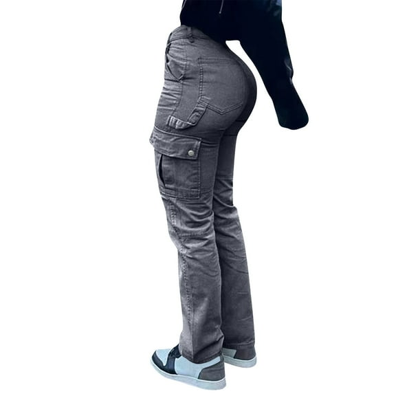 WTOBBY Women's Fashion Solid Color High Waist Hip Lifting Work Clothes Jeans with Multiple Pockets, Stylish and Functional Denim Pants for Casual Wear,Gray M
