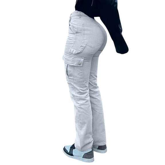 WTOBBY Women's Fashion Solid Color High Waist Hip Lifting Work Clothes Jeans with Multiple Pockets, Stylish and Functional Denim Pants for Casual Wear,White XL