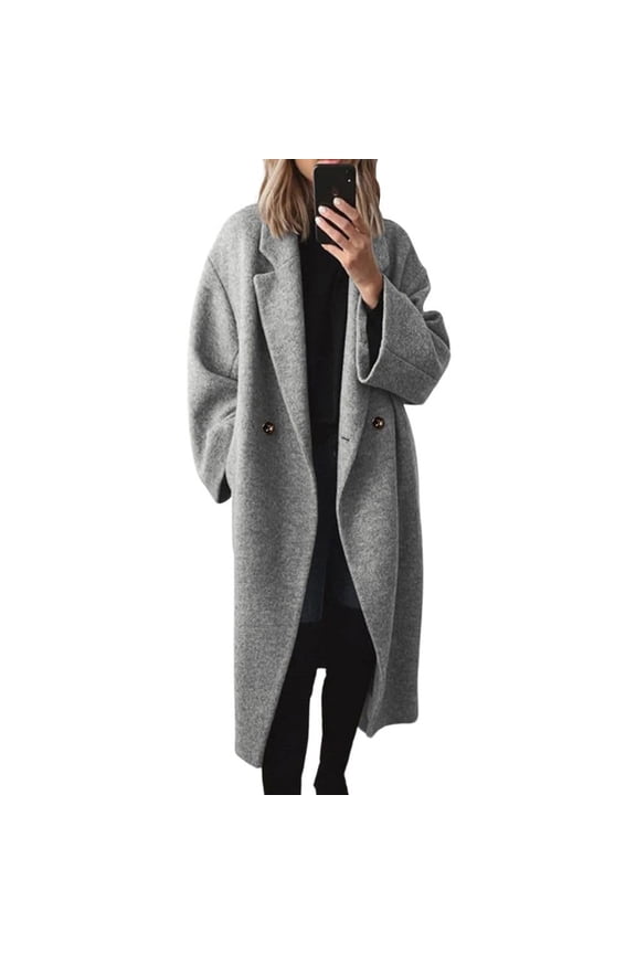 Women's Fashion Solid Color Lapel Wool Blend Coat, Long Sleeve Winter Outerwear with Classic Design, Warm and Elegant Jacket for Cold Weather,Gray 2XL
