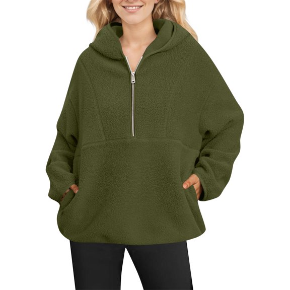 WTOBBY Women's Fashion Solid Color Long Sleeve Pocket Zipper Hooded Sweatshirt Pullover Top, Fleece Lined with Hood for Warmth, Casual Sporty Style for Outdoor and Lounge,Army Green 2XL