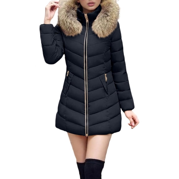WTOBBY Women's Fashion Solid Color Mid-Length Down-Filled Cotton Jacket with Thickened Slim-Fit Design, Warm and Stylish Outerwear for Cold Weather Protection,Black M