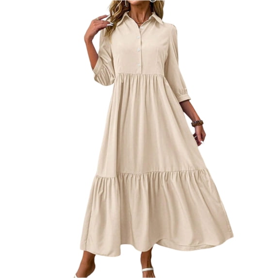 WTOBBY Women's Fashion Solid Color Notched Lapel 3/4 Sleeve Swing Dress, Casual Flowy Midi Dress with Wide Skirt for Spring Summer Elegance,Beige L