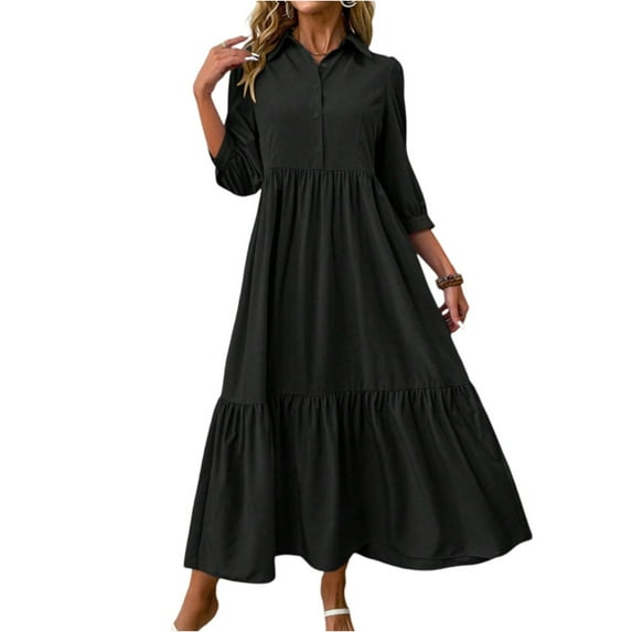WTOBBY Women's Fashion Solid Color Notched Lapel 3/4 Sleeve Swing Dress, Casual Flowy Midi Dress with Wide Skirt for Spring Summer Elegance,Black M