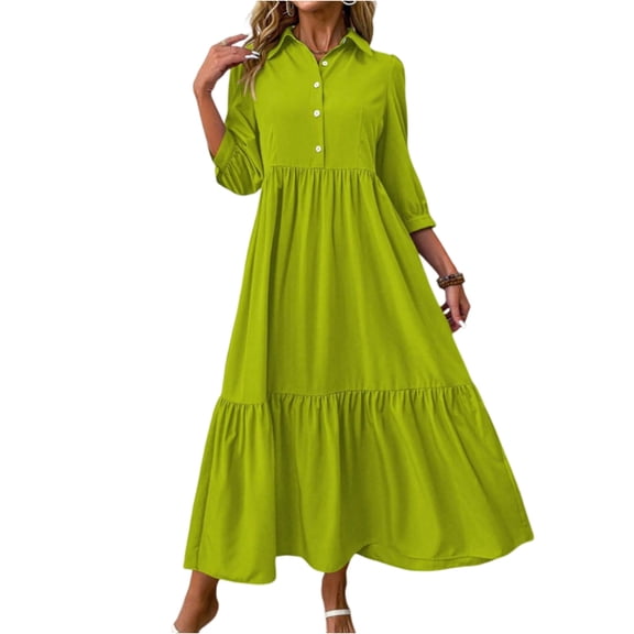 WTOBBY Women's Fashion Solid Color Notched Lapel 3/4 Sleeve Swing Dress, Casual Flowy Midi Dress with Wide Skirt for Spring Summer Elegance,Green XL