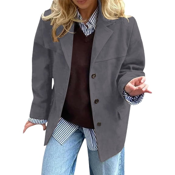WTOBBY Women's Fashion Solid Color Retro Jacket with Oversized Fit and Pockets, Long Sleeve Casual Blazer Style,Gray M