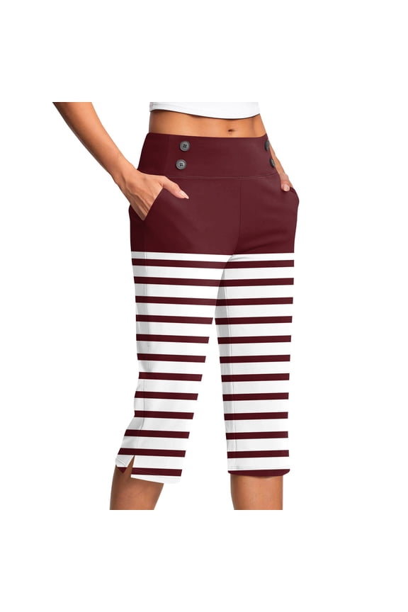 Women's Fashion Striped Button Pocket Trousers with Slit High Waist, Sports Yoga Casual Cropped Pants for Comfortable Wear, Lightweight and Trendy Design - Perfect for Outings,Wine 2XL