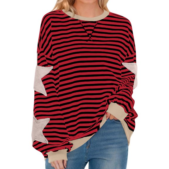 WTOBBY Women's Fashion Striped Star Print Round Neck Long Sleeved Pullover Color Blocked Sweatshirt Top, Fun Design for Streetwear and Fall Fashion,Wine M