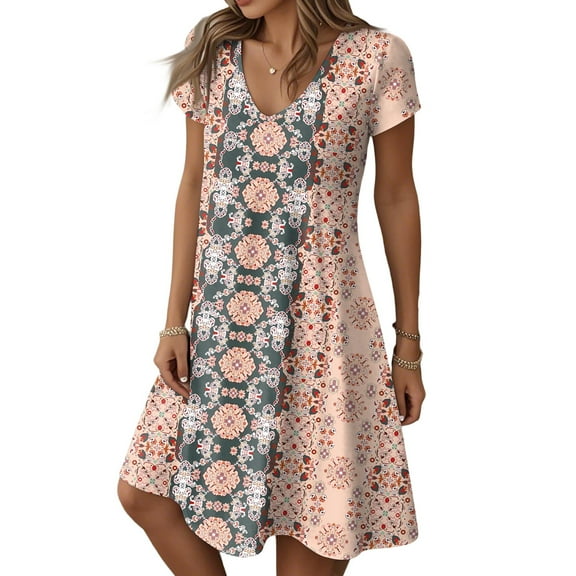 WTOBBY Women's Fashion Summer Casual Short Sleeve Floral Print Dresses for Daily Wear Beach Outings and Lightweight Comfort,Khaki S