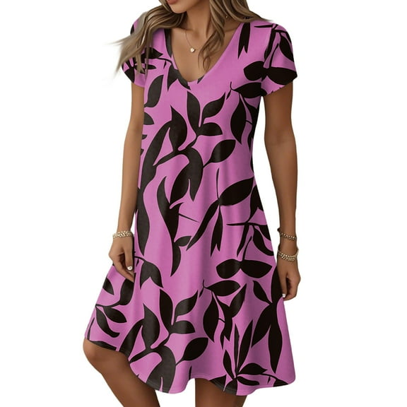 WTOBBY Women's Fashion Summer Casual Short Sleeve Floral Print Dresses for Daily Wear Beach Outings and Lightweight Comfort,Purple S