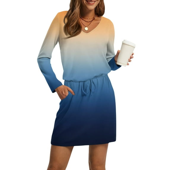 WTOBBY Women's Fashion V-Neck Long Sleeve Drawstring With Pockets Gradient Printed Casual Dresses - Stylish and Trendy Dress with Gradient Print,Dark Blue L