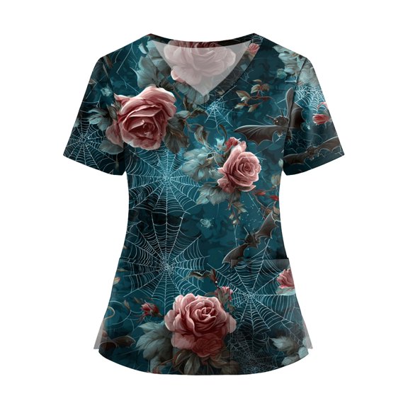 WTOBBY Women's Fashion V-Neck Short Sleeve Overalls with Convenient Pockets, Halloween Printed Tops for Workwear and Caregiver Apparel,Perfect for Nursing Professionals,Turquoise S