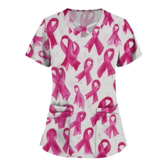 WTOBBY Women's Fashion V-Neck Short Sleeve Overalls Design with Double Layer Pockets Printed Top, Work Apparel for Healthcare, Comfortable Scrub Fit with Practical Features ,Hot Pink 2XL