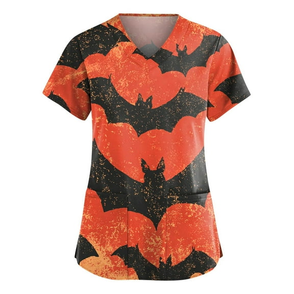 WTOBBY Women's Fashion V-Neck Short Sleeve Overalls with Pockets, Halloween Printed Tops for Workwear Apparel and Caregiver Uniforms, Casual Style Overalls Ideal for Nursing,Saffron M