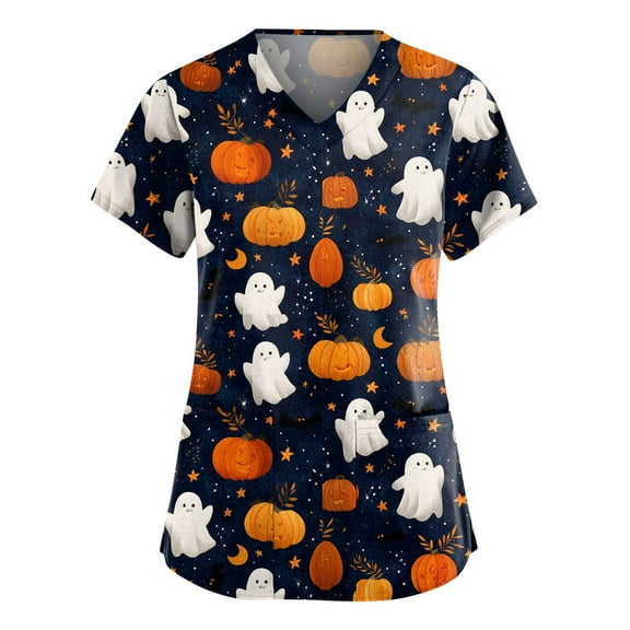 WTOBBY Women's Fashion V-Neck Short Sleeve Overalls with Pockets, Halloween Printed Tops for Workwear Apparel and Caregiver Uniforms, Casual Style Overalls Ideal for Nursing,Navy S