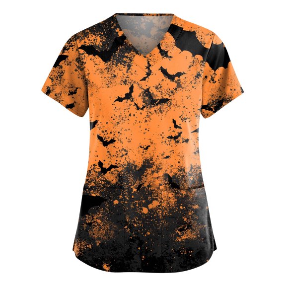 WTOBBY Women's Fashion V-Neck Short Sleeve Overalls with Pockets, Halloween Printed Tops for Workwear Apparel and Caregiver Uniforms, Casual Style Overalls Ideal for Nursing,Ginger L