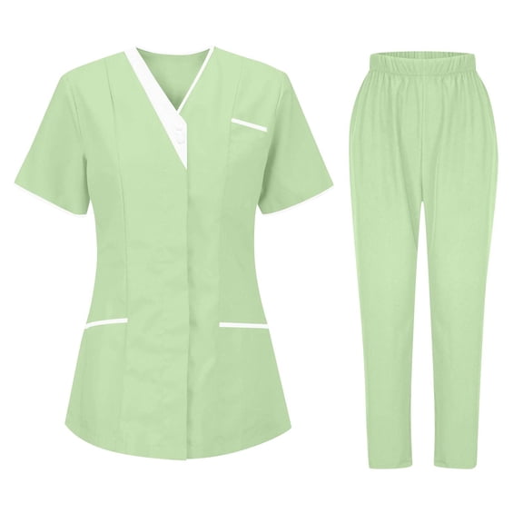 WTOBBY Women's Fashion V-Neck Short Sleeve Scrubs Set with Pocket, Solid Color Nursing Uniform, Medical Workwear for Caregivers, Stylish and Professional Look,Green M