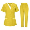 thumbnail image 1 of WTOBBY Women's Fashion V-Neck Short Sleeve Scrubs Set with Pocket, Solid Color Nursing Uniform, Medical Workwear for Caregivers, Stylish and Professional Look,Yellow M, 1 of 5