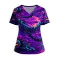 thumbnail image 1 of WTOBBY Women's Fashion V-Neck Short Sleeve Workwear with Pockets and Side Slits, Halloween Printed Tops Featuring Bat and Pumpkin Graphics for Caregiver Uniforms, Perfect for Nursing,Purple 2XL, 1 of 4