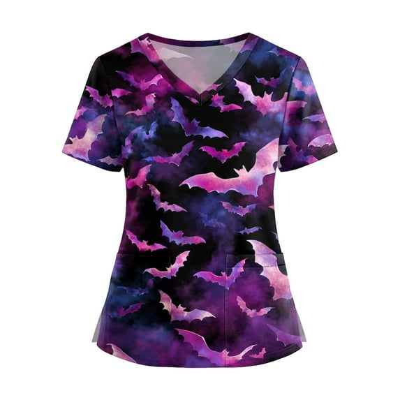 WTOBBY Women's Fashion V-Neck Short Sleeve Workwear with Pockets and Side Slits, Halloween Printed Tops Featuring Bat and Pumpkin Graphics for Caregiver Uniforms, Perfect for Nursing,Dark Purple 2XL