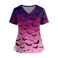 thumbnail image 1 of WTOBBY Women's Fashion V-Neck Short Sleeve Workwear with Pockets and Side Slits, Halloween Printed Tops Featuring Bat and Pumpkin Graphics for Caregiver Uniforms, Perfect for Nursing,Hot Pink XL, 1 of 4