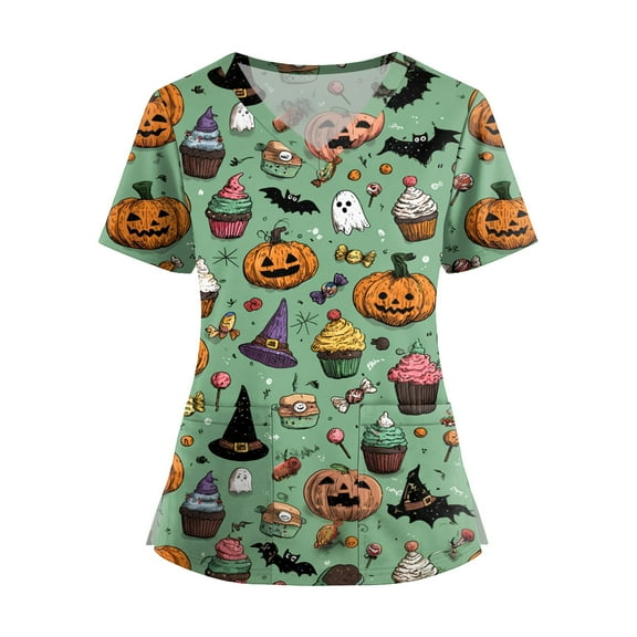 WTOBBY Women's Fashion V-Neck Short Sleeve Workwear with Pockets and Side Slits, Halloween Printed Tops Featuring Bat and Pumpkin Graphics for Caregiver Uniforms, Perfect for Nursing,Mint Green L