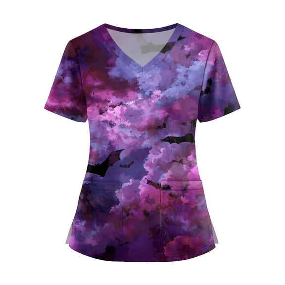WTOBBY Women's Fashion V-Neck Short Sleeve Workwear with Pockets and Side Slits, Halloween Printed Tops Featuring Bat and Pumpkin Graphics for Caregiver Uniforms, Perfect for Nursing,Purple Pink XL