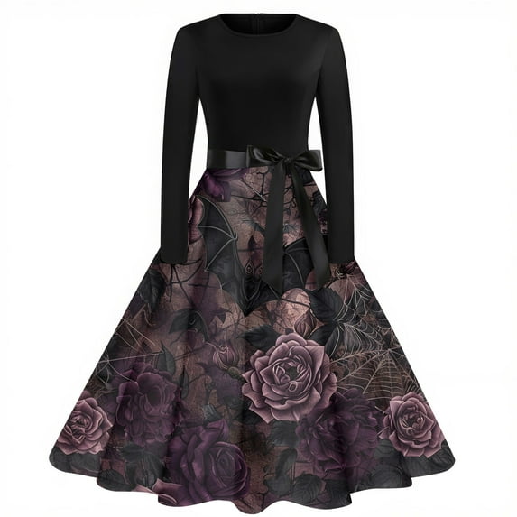 WTOBBY Women's Fashion Vintage Long Sleeve Round Neck Halloween Printed Party Gown Dress with Elegant Design for Evening Events and Gothic Occasions ,Brown S