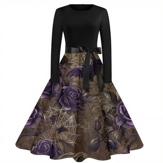 WTOBBY Women's Fashion Vintage Long Sleeve Round Neck Halloween Printed Party Gown Dress with Elegant Design for Evening Events and Gothic Occasions ,Light Brown M