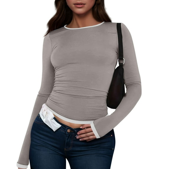 WTOBBY Women's Fashion White Color Blocking Round Neck Long Sleeve T-Shirt Top, Casual Stylish Blouse for Ladies Comfortable and Simple Daily Wear,Light Gray XL