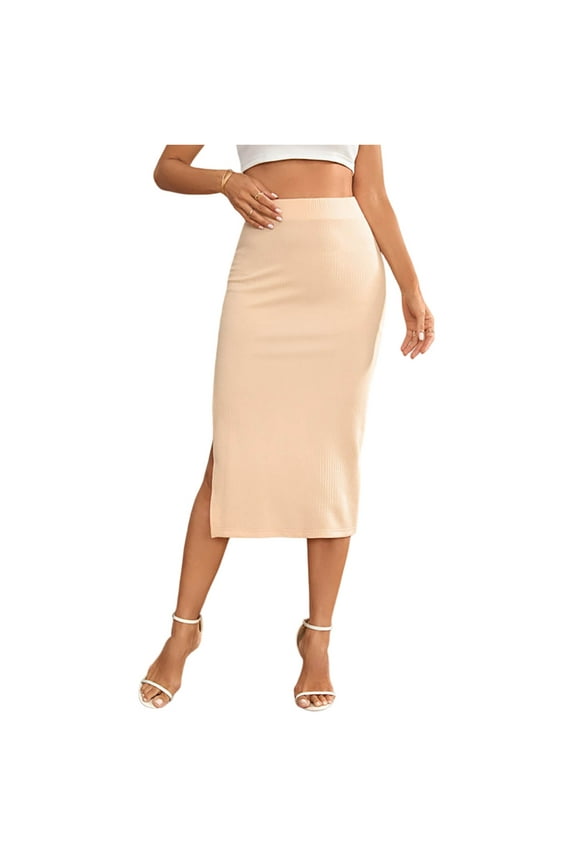 Women's Fashion Wrap Hip Stripe Slit High Waist Stretch Skirt, Fitted Half Skirt with Side Slit for Elegant Style, Casual Boho Wear for Evening Outings,Beige M