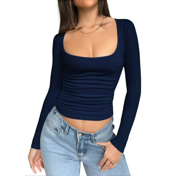 WTOBBY Women's Fashionable Casual Base Shirt with U-Shaped Collar, Solid Color Long Sleeve Design for Layering, Comfort Fit and Stylish Look, Great for Everyday Wear,Dark Blue M