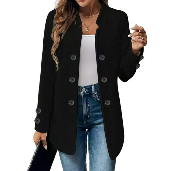 WTOBBY Women's Fashionable Casual Long-Sleeved Solid Color Three-Button Double-Breasted Blazer, Smart Casual Jacket for Office Wear and Daily Outfits,Black M