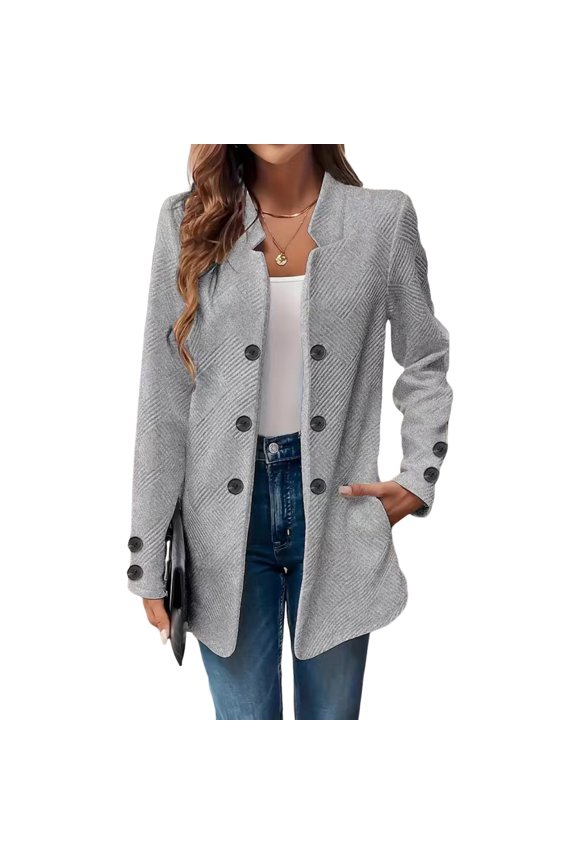 Women's Fashionable Casual Long-Sleeved Solid Color Three-Button Double-Breasted Blazer, Smart Casual Jacket for Office Wear and Daily Outfits,Gray M
