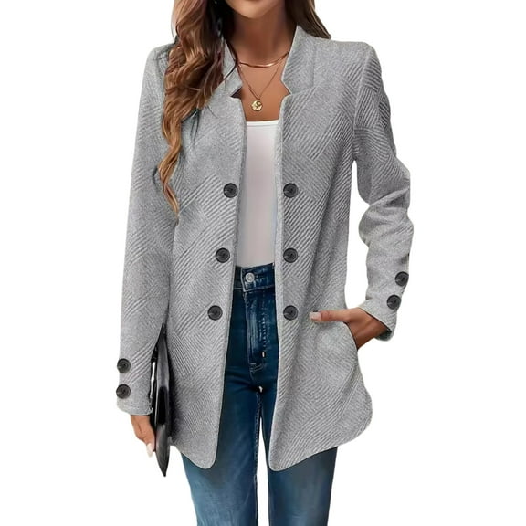WTOBBY Women's Fashionable Casual Long-Sleeved Solid Color Three-Button Double-Breasted Blazer, Smart Casual Jacket for Office Wear and Daily Outfits,Gray S