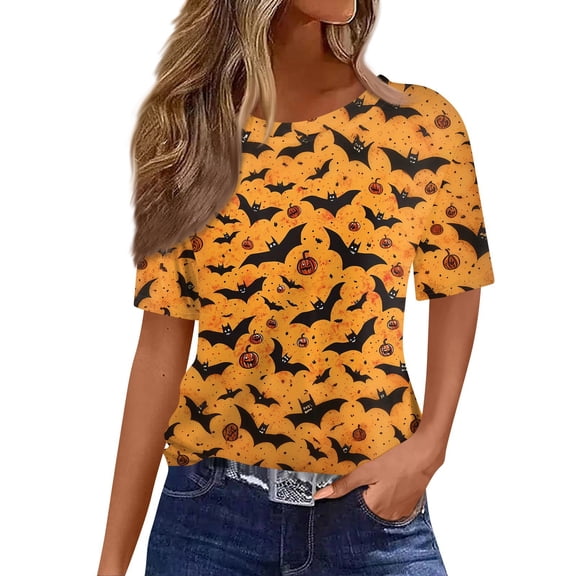 WTOBBY Women's Fashionable Casual Short Sleeve Pullover Top with Round Neck, Halloween Print Featuring Bat and Pumpkin Graphics for Seasonal Wear,Perfect for Costume Parties,Earthy Yellow 2XL