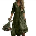 thumbnail image 1 of WTOBBY Women's Fashionable Cotton Linen V-Neck Solid Color Long Sleeve Loose Pocket Dress Breathable Natural Fabric for Casual Comfort Roomy Pockets and Relaxed Fit,Army Green L, 1 of 5
