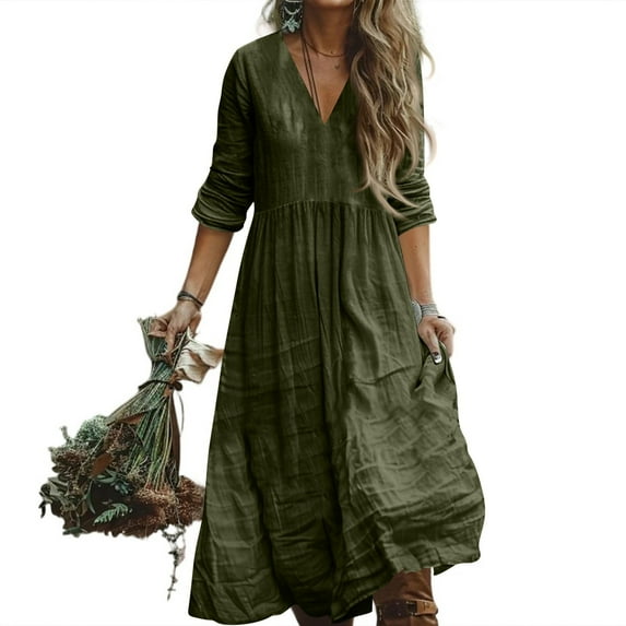 WTOBBY Women's Fashionable Cotton Linen V-Neck Solid Color Long Sleeve Loose Pocket Dress Breathable Natural Fabric for Casual Comfort Roomy Pockets and Relaxed Fit,Army Green L