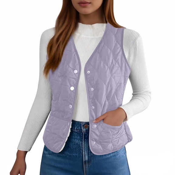 WTOBBY Women's Fashionable Cotton Vest, Thin And Slim Short Cold-proof Warm Vest, Lightweight and Fitted Vest for Layering in Chilly Conditions,Light Purple XL