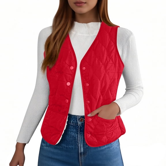 WTOBBY Women's Fashionable Cotton Vest, Thin And Slim Short Cold-proof Warm Vest, Lightweight and Fitted Vest for Layering in Chilly Conditions,Red XL