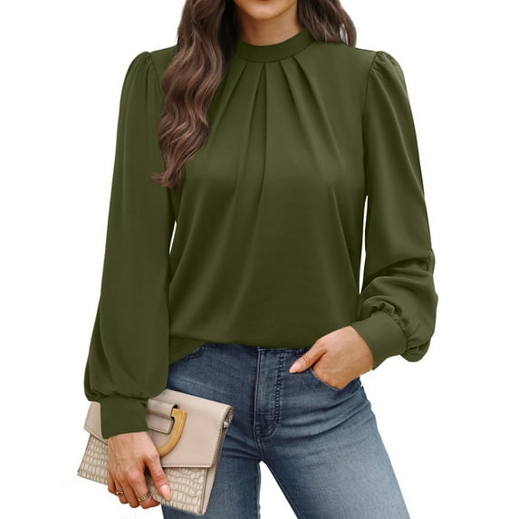 WTOBBY Women's Fashionable Elegant Top with Chest Pleated Detail and Stand Collar, Long Sleeve Solid Color Design, Perfect for Stylish Outfits and Formal Casual Wear,Army Green L