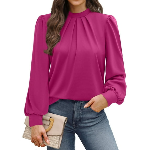 WTOBBY Women's Fashionable Elegant Top with Chest Pleated Detail and Stand Collar, Long Sleeve Solid Color Design, Perfect for Stylish Outfits and Formal Casual Wear,Hot Pink XL