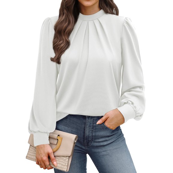 WTOBBY Women's Fashionable Elegant Top with Chest Pleated Detail and Stand Collar, Long Sleeve Solid Color Design, Perfect for Stylish Outfits and Formal Casual Wear,White 2XL