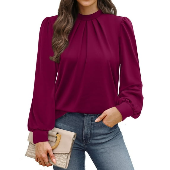 WTOBBY Women's Fashionable Elegant Top with Chest Pleated Detail and Stand Collar, Long Sleeve Solid Color Design, Perfect for Stylish Outfits and Formal Casual Wear,Wine L