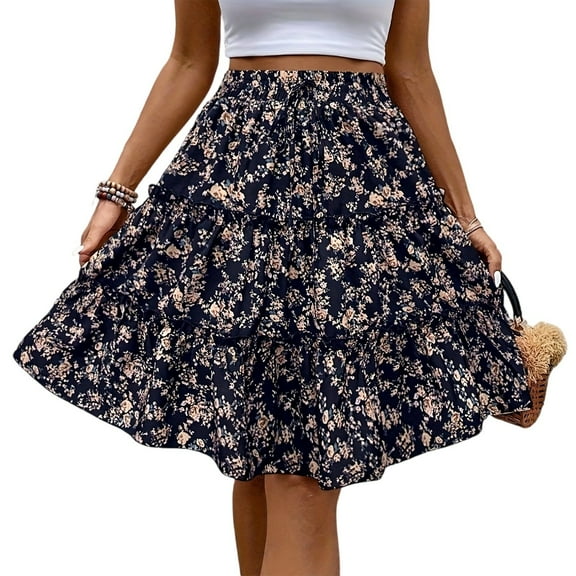 WTOBBY Women's Fashionable Floral Print Casual Skirt with Elastic Waist and Adjustable Strap, Versatile Half Skirt Design for Everyday Wear, Boho Chic Summer Outfits,Black S