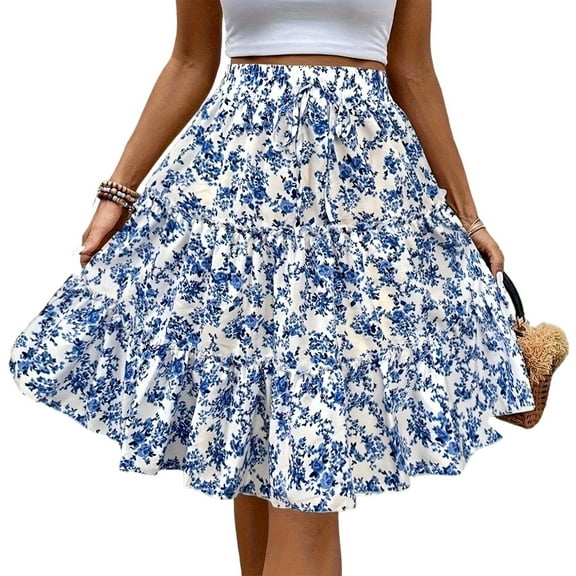 WTOBBY Women's Fashionable Floral Print Casual Skirt with Elastic Waist and Adjustable Strap, Versatile Half Skirt Design for Everyday Wear, Boho Chic Summer Outfits,Blue S
