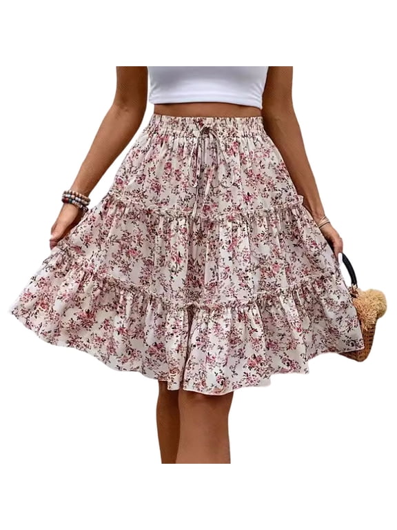 Women's Fashionable Floral Print Casual Skirt with Elastic Waist and Adjustable Strap, Versatile Half Skirt Design for Everyday Wear, Boho Chic Summer Outfits,Red L