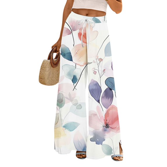WTOBBY Women's Fashionable Floral Print Wide Leg Pants Featuring High Waist Drawstring, Functional Pockets and Relaxed Casual Fit for Spring Outings and Weekend Styling,White M
