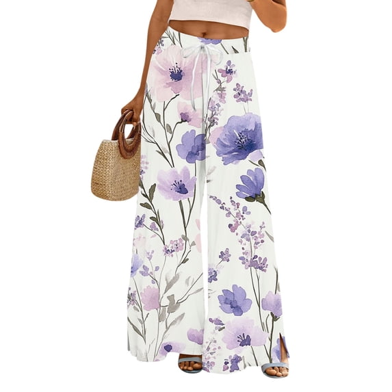 WTOBBY Women's Fashionable Floral Print Wide Leg Pants Featuring High Waist Drawstring, Functional Pockets and Relaxed Casual Fit for Spring Outings and Weekend Styling,Light Purple 2XL