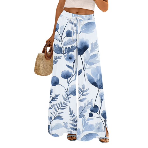 WTOBBY Women's Fashionable Floral Print Wide Leg Pants Featuring High Waist Drawstring, Functional Pockets and Relaxed Casual Fit for Spring Outings and Weekend Styling,Blue S